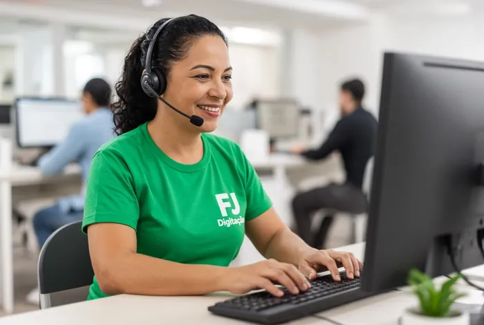 Profissional de atendimento digitando com headset e sorrindo