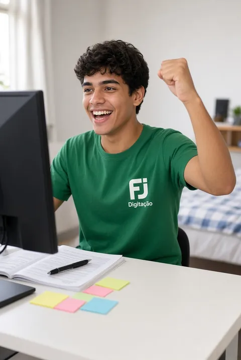 Estudante comemorando em frente ao computador