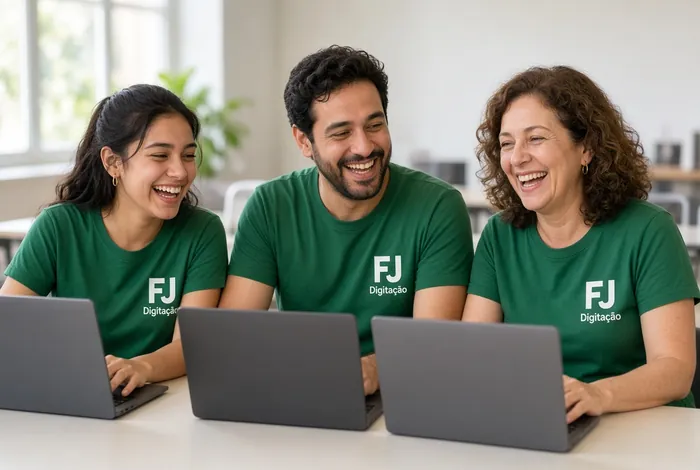 Três pessoas de idades diferentes rindo juntas enquanto estudam no notebook